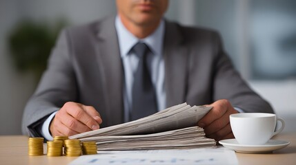 A businessman in a suit reads a newspaper with coins and coffee on his desk in the morning symbolizing finance and planning