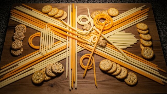 Cheese lover day food A vibrant and artistic arrangement of yellow and orange string cheese sticks along with crackers on wooden board | Cheese, lover, day, food, festival.