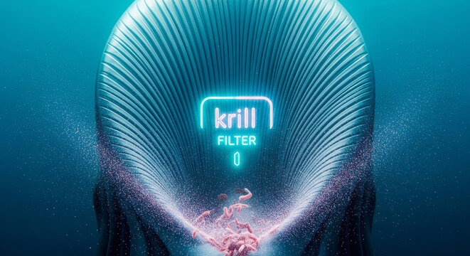 Abstract concept of a futuristic whale's baleen filtering krill with a glowing neon sign
