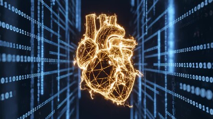 Digital Heart Emerges From a Tunnel of Binary Code and Data Flow