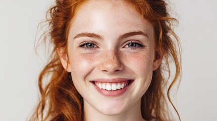 happy young woman with red hair smiles the female face shows natural beauty and healthy skin freshness concept redhead model smiles at camera on white background