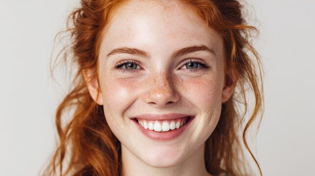 happy young woman with red hair smiles the female face shows natural beauty and healthy skin freshness concept redhead model smiles at camera on white background