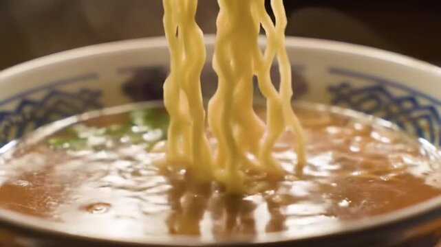 Close up of fresh ramen noodles being lifted from a flavorful broth