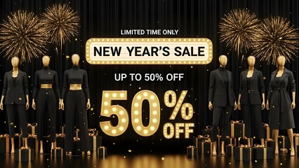 New years sale banner with people and up to fifty percent discount offer on a black background with fireworks