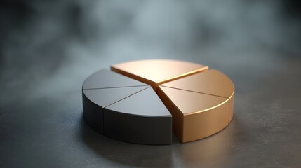 A metallic pie chart with bronze and grey segments against a smoky atmospheric background symbolizing financial data and investment strategy