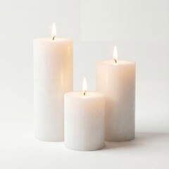 Set of three lit white pillar candles isolated on white background.