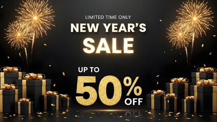 New years sale banner with gifts and fireworks on black background