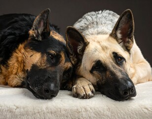 Two German Shepherd dogs rest together, heads touching, on soft white surface