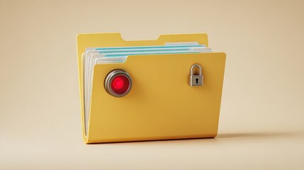 yellow folder holding bluewhite files showing padlock with rotating red beacon light on beige set