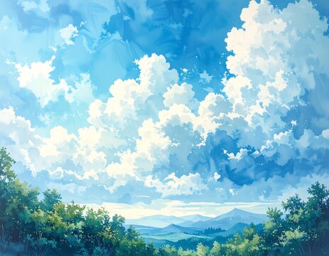 A vibrant scenic view shows fluffy white clouds drifting across a bright blue sky, with rolling hills and trees below