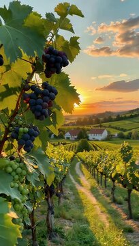 Stunning 4K aerial ground footage of vineyard landscapes during golden hour capturing rows of grapevines rolling hills warm sunset lighting creating picturesque scene ideal wine travel 