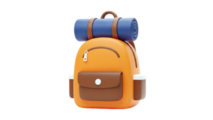 3D Cartoon backpack with sleeping bag on transparent background