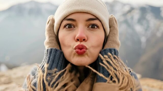 kiss face. A cheerful woman outdoors in winter attire, playfully making a kissy face with her hands cupping her cheeks, surrounded by a stunning mountain landscape