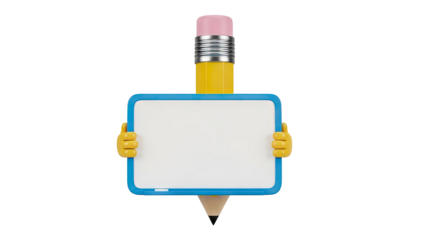 3D Cartoon pencil holding a whiteboard with copy space on transparent background