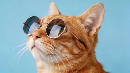 Orange tabby cat wearing round sunglasses against a blue background