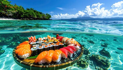 A sushi platter is half-submerged in clear tropical water near an island