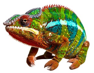 Vivid, close-up of a colorful chameleon against a clean white backdrop