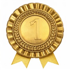 Gold medal featuring the number one and ribbon on a white background