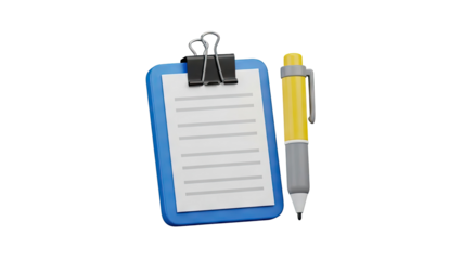 3D Clipboard with document and pen on transparent background