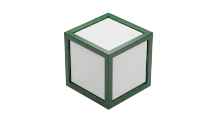 3D Cube shaped modern outdoor light with green frame and white panel on transparent background