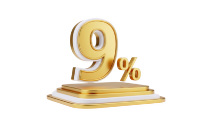 3D Golden 9 Percent Symbol on a Pedestal on transparent background