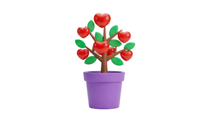 3D Heart Tree in a Purple Pot on transparent background