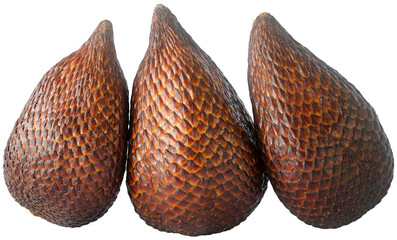 Group of Three Intact Indonesian Snake Fruits, Buah Salak, on Transparent Background