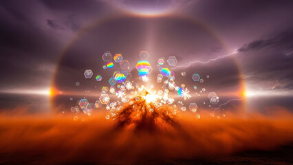 Main Subject Explodes with Vibrant Hexagon Light Orbs Over Fiery Horizon
