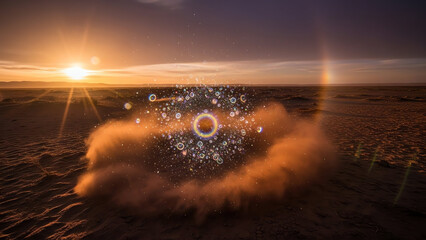 Desert Sunset with Luminous Orbs