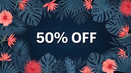 A 50 percent off discount advertisement with tropical leaves and flowers on a dark blue background