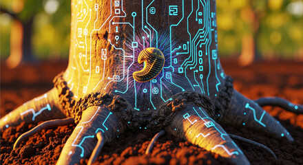 Futuristic tech tree with a glowing circuit board and a magical larva at its core