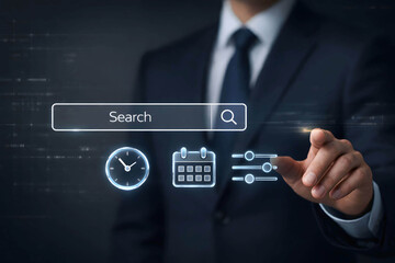 Businessman interacts with search bar and digital icons