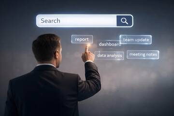 Businessman Selects Data Analysis Options from Search Interface