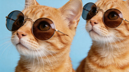 Two orange cats wearing round sunglasses against a blue background