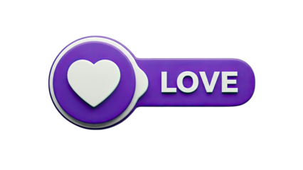3D Purple heart with text LOVE social media icon on transparent background