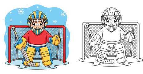 Coloring book page of a cartoon hockey goalie guarding the net with color example vector