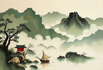 Mountains . Oriental pattern. Oil painting. Pattern for printing on wall decorations, covers, leaflets, business cards
