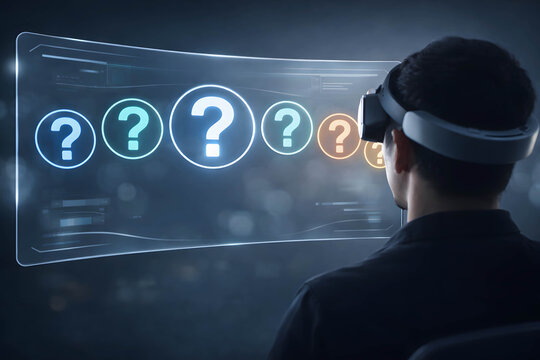 Person wearing VR headset interacting with holographic question marks - Powered by Adobe