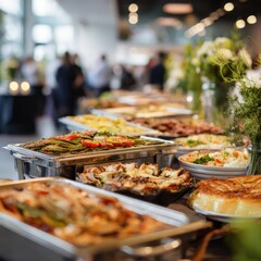 Obraz premium buffet table with a variety of foods at an office event employees enjoying business lunch or party catering setup lively atmosphere blurred background for context