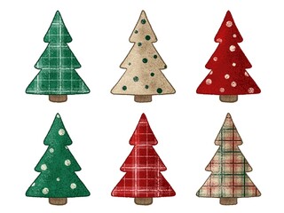 Obraz premium Patchwork Christmas tree vector illustration set. Winter decorated elements on white background