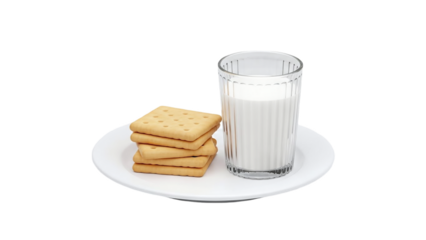 3D Stack of square crackers with a glass of milk on a plate on transparent background