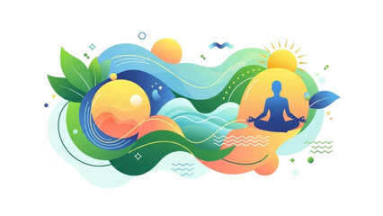 Abstract illustration of nature and meditation flowing waves and leaves with a person in lotus pose representing balance and wellness