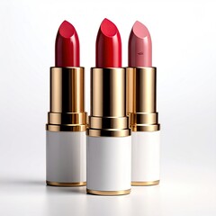 Obraz premium Three lipstick tubes in varying shades of red and nude, gold-toned caps, white packaging, displayed on a bright white background