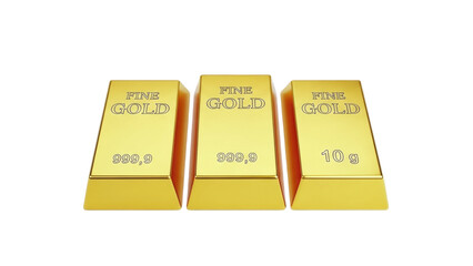 3D Three gold bars with 999.9 fineness and 10g inscription on transparent background