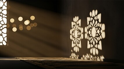 Intricate window shadows on the floor with sunlight streaming through.