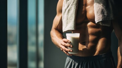 fitness enthusiast in gym holding protein shake and towel bright window light healthy lifestyle inspiration