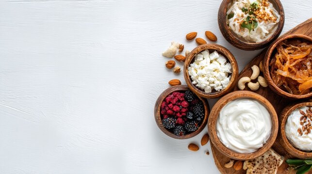 top view healthy probiotic fermented foods on white background with copy space kimchi sauerkraut yogurt kombucha bread nuts berries for diet nutrition blog wellness menu healthy eating concept