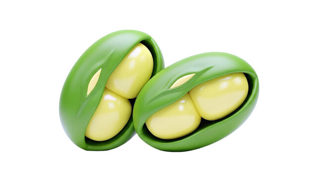 3D Two stylized green bean pods with yellow beans on transparent background