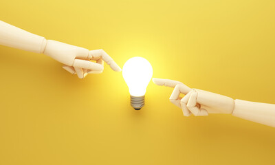 Creative idea concept with two wooden mannequin hands reaching toward a glowing light bulb on yellow background symbolizing inspiration innovation and connection 3d rendering