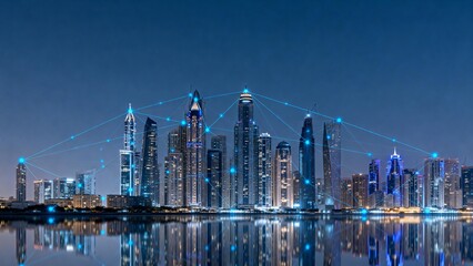 Night city skyline with network connections